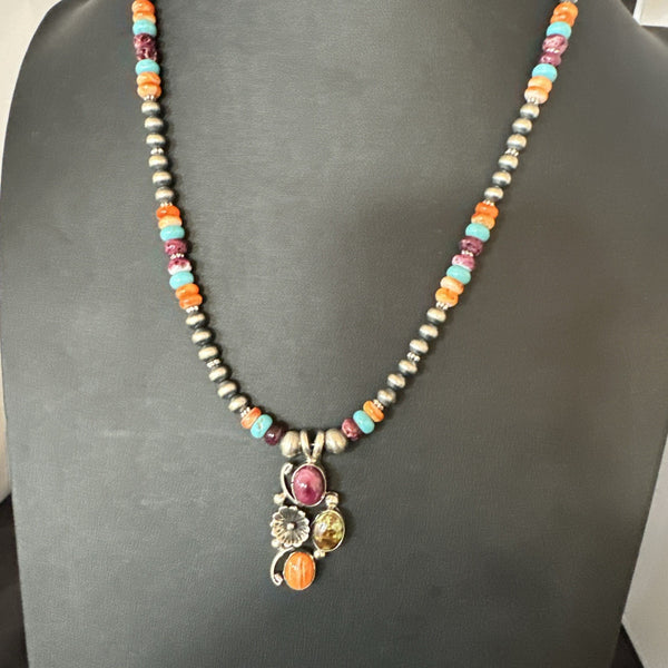 Multicolor Turquoise Spiny Navajo Cluster Pendant Necklace | Sterling Silver | Authentic Native American Handmade | 19640