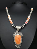 Orange Spiny Oyster Pendant Beads Necklace 22" | Sterling Silver | Authentic Native American Handmade | 01241