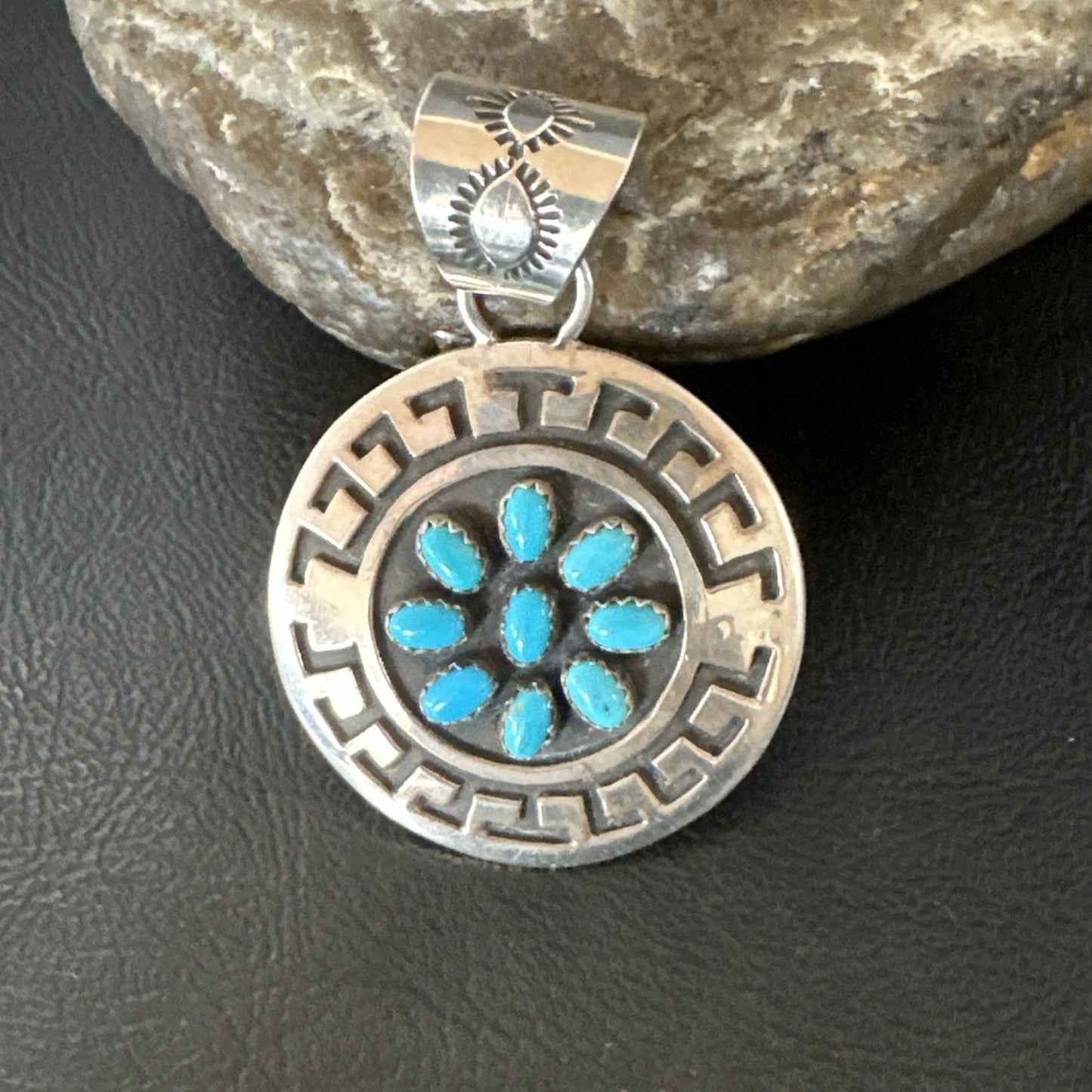 Cluster Blue Kingman Turquoise Navajo Sterling Silver Pendant 2" 19287