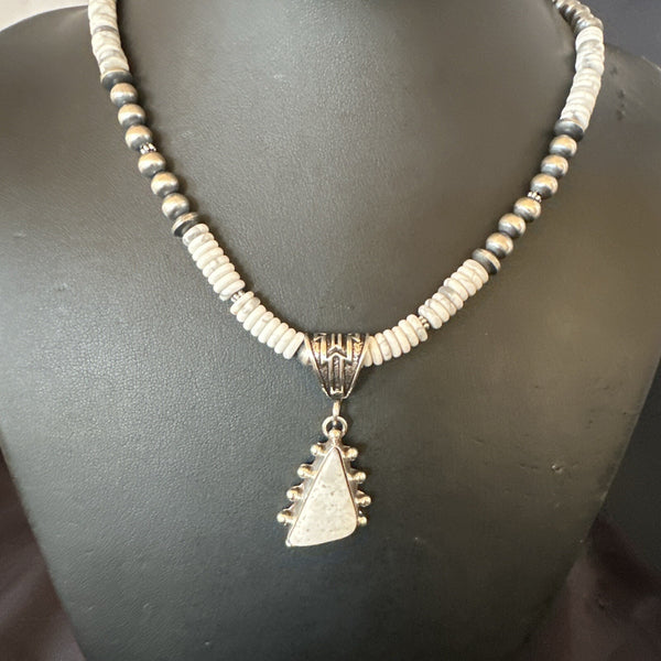White Buffalo Turquoise Pendant Navajo Pearls Necklace 22" | Sterling Silver | Authentic Native American Handmade | 18257