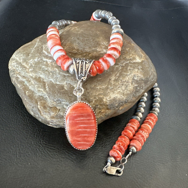 Navajo Pearls Necklace Red Spiny Oyster Pendant 22" | Sterling Silver | Authentic Native American Handmade | 18265