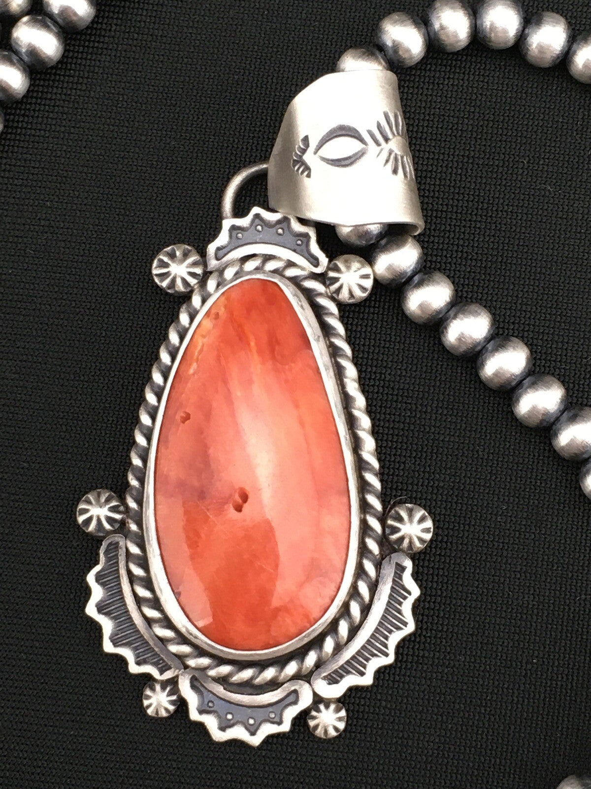 Orange Spiny Oyster Pendant Navajo Pearls Sterling Silver Necklace 1296