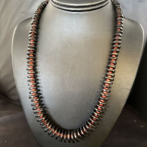 Navajo Bamboo Coral Black Onyx Necklace 20" | Sterling Silver | Authentic Native American Handmade | 14431