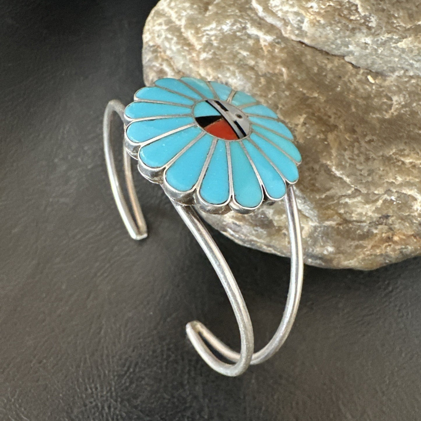 Old Pawn Sunface Turquoise Zuni Sterling Silver Onyx Bracelet 6.5” 19129