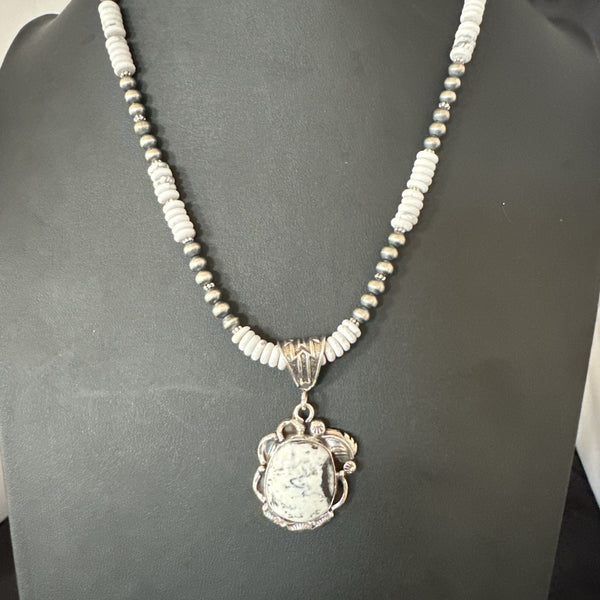 White Buffalo Turquoise Pendant Navajo Pearls Necklace 20" | Sterling Silver | Authentic Native American Handmade | 19496