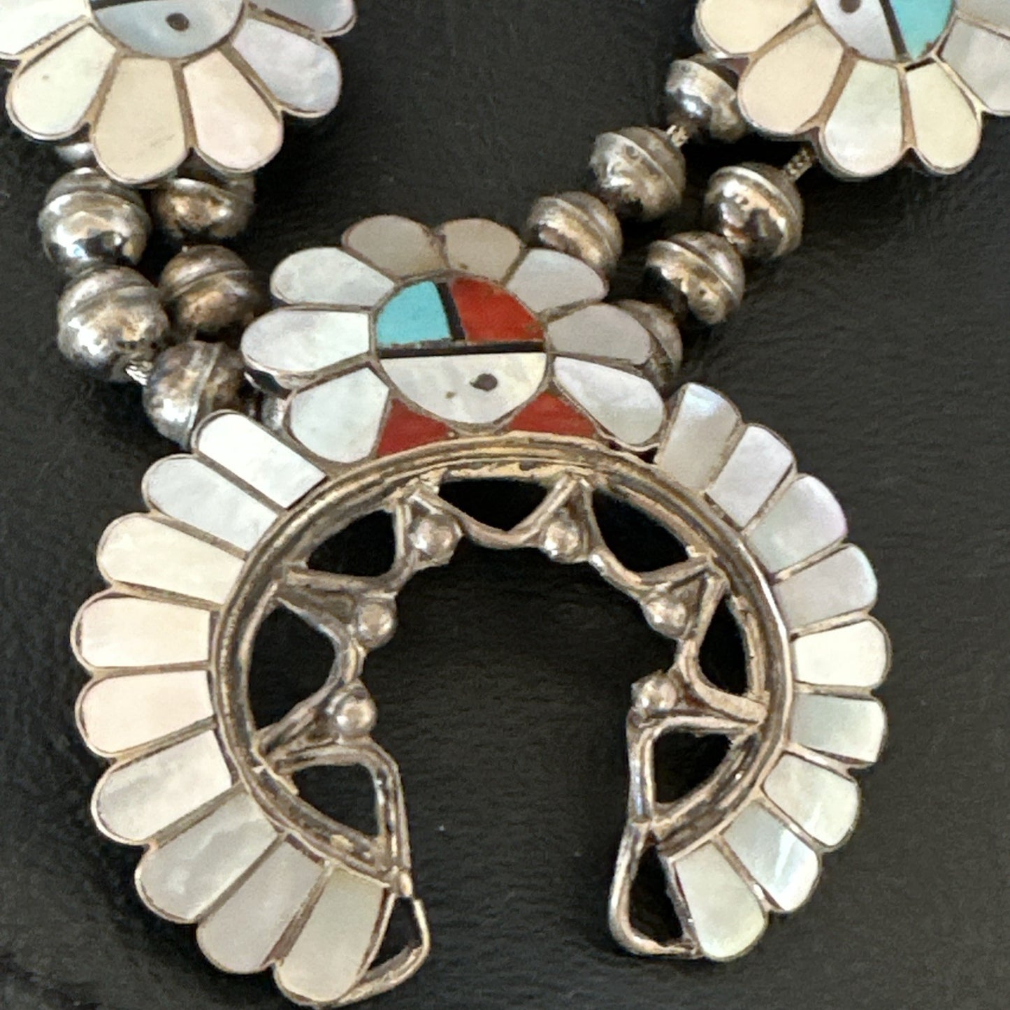 Old Pawn Sunface Turquoise Zuni Sterling Silver Squash Necklace Earrings 19085