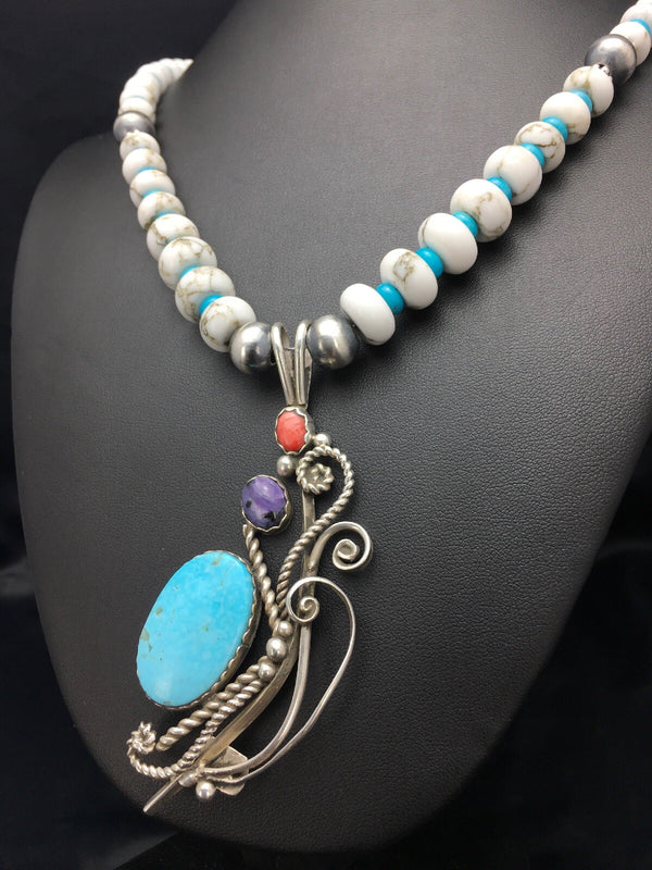 Kingman Turquoise Pendant Navajo Necklace | Sterling Silver | Authentic Native American Handmade | 03043