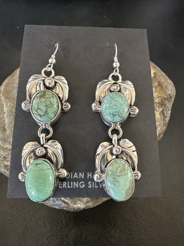 Navajo Green Turquoise Dangle Earrings 2" | Sterling Silver | Authentic Native American Handmade | 17910