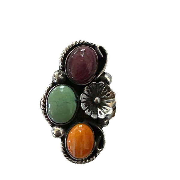 Multicolor Ring Turquoise Spiny Navajo Cluster Size 9 | Sterling Silver | Authentic Native American Handmade | 19174