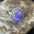 Women's Purple Charoite Navajo Oval Ring Adjustable Size 9 | Sterling Silver | Authentic Native American Handmade | 17247