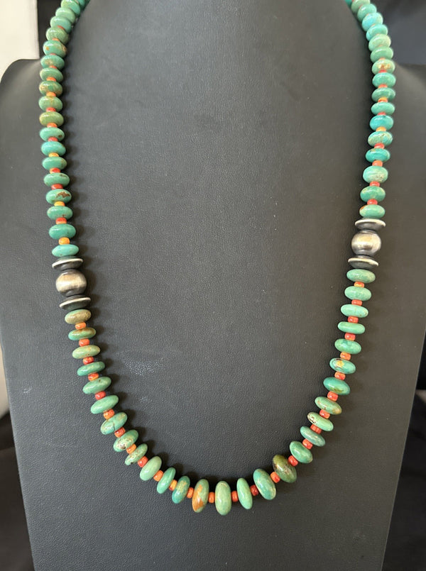Green Turquoise Spiny Navajo Pearls Necklace 26" | Sterling Silver | Authentic Native American Handmade | 19682