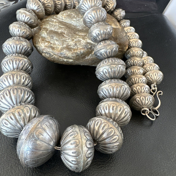 Navajo Pearls Handmade Stamped Graduated 30"Necklace | Sterling Silver | Authentic Native American Handmade | 16800