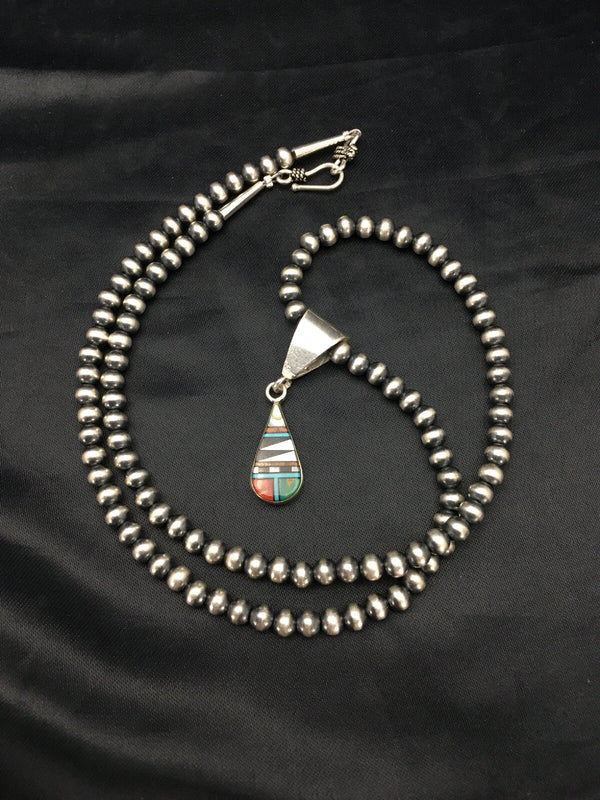 Turquoise MultiStone Inlay Pendant Bead Necklace 1.75" | Sterling Silver | Authentic Native American Handmade | 02705