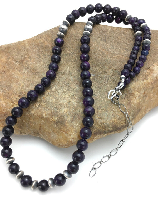 Purple Stone Round Bead Navajo Necklace | Sterling Silver | Authentic Native American Handmade | 08110