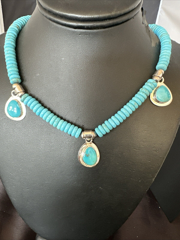 Women's Blue Kingman Turquoise Pendant Navajo Necklace 19" | Sterling Silver | Authentic Native American Handmade | 18166