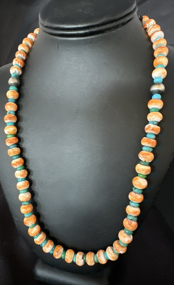 Orange Spiny Oyster Turquoise Navajo Beads 22"Necklace | Sterling Silver | Authentic Native American Handmade | 19164