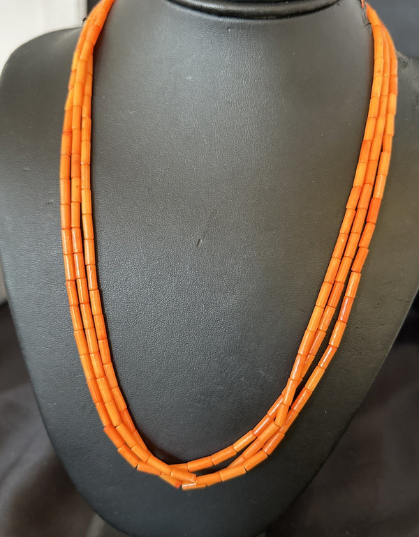 Orange Coral Tubes 3 Strand Necklace 21" | Sterling Silver | Authentic Native American Handmade | 17821