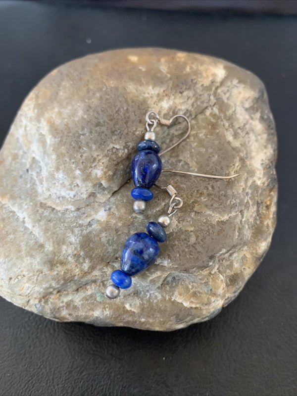 Blue Lapis Lazuli Bead Navajo Dangle Earrings | Sterling Silver | Authentic Native American Handmade | 1712