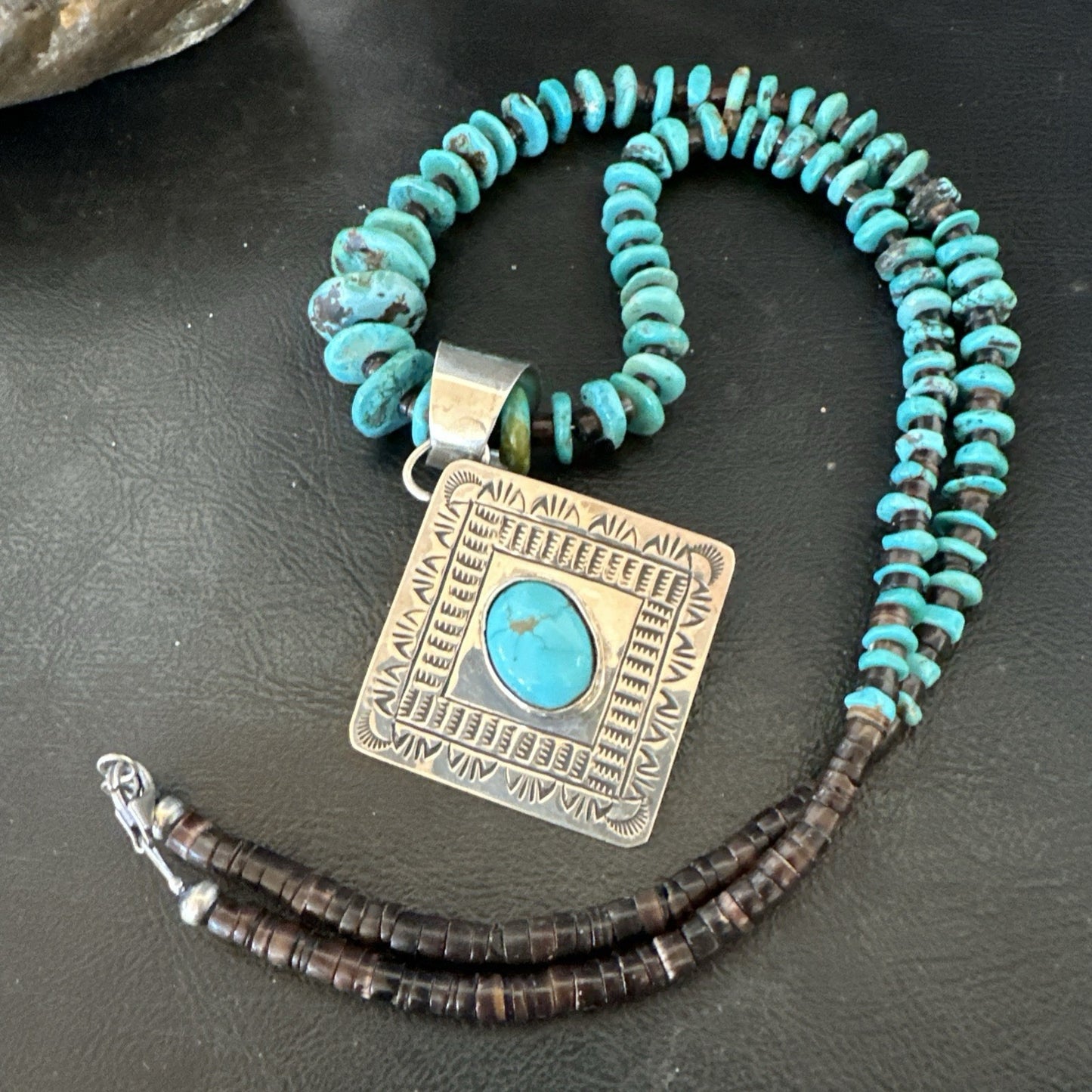Navajo Blue Turquoise Stamped Pendant Shell Sterling Silver 29” Necklace 19704