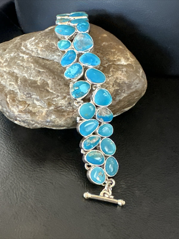 WoMen Blue Kingman Turquoise Southwestern Link Bracelet | Sterling Silver | Authentic Native American Handmade | 17974