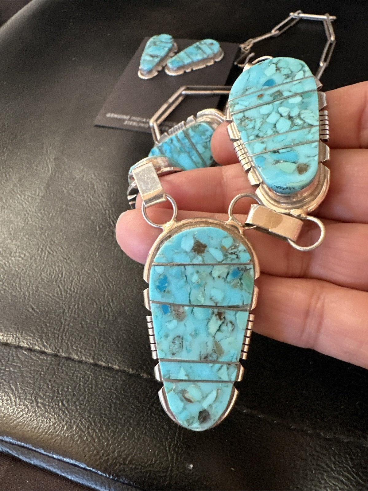 Inlay Kingman Turquoise Sterling Silver Lariat Necklace Pendant Earrings 19075