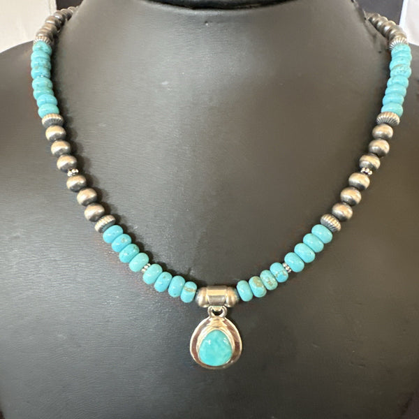 Men's Blue Kingman Turquoise Pendant Navajo Necklace 21" | Sterling Silver | Authentic Native American Handmade | 17904