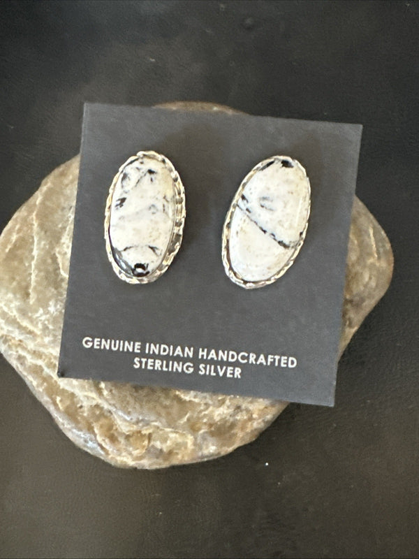 Women White Buffalo Turquoise Navajo Post Earrings | Sterling Silver | Authentic Native American Handmade | 19095