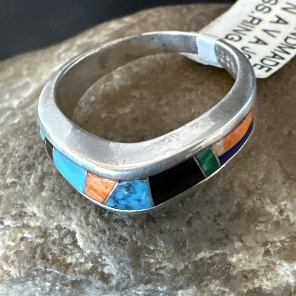 MultiColor Navajo Turquoise Spiny Oyster Inlay Ring Sz 7 | Sterling Silver | Authentic Native American Handmade | 18710