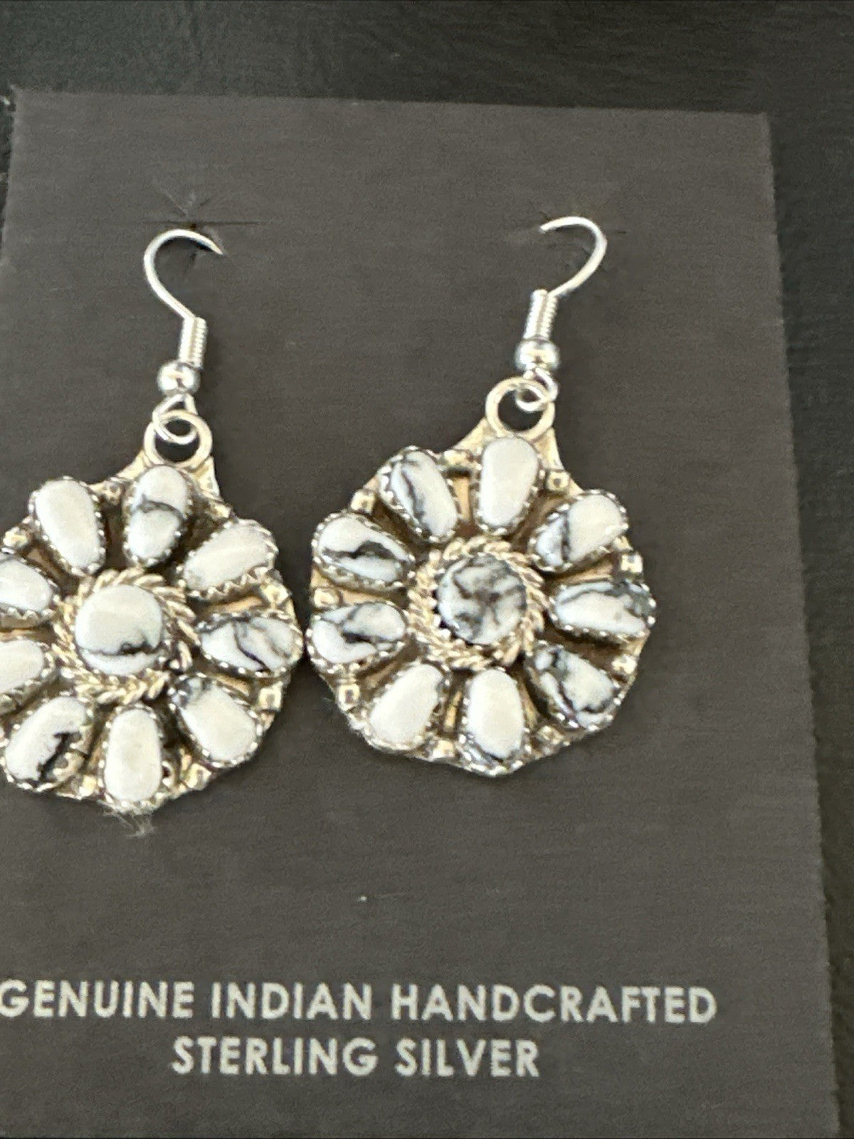 Womens Cluster White Buffalo Navajo Sterling Silver Dangle Earrings 19092