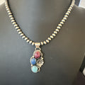 Multicolor Turquoise Spiny Navajo Cluster Pendant Necklace | Sterling Silver | Authentic Native American Handmade | 19312