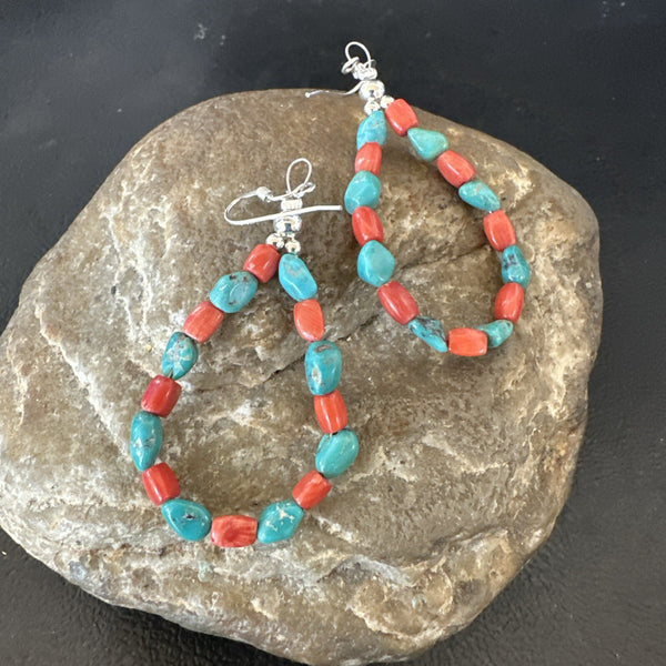 Blue Turquoise Coral Navajo Earrings 2" | Sterling Silver | Authentic Native American Handmade | 18834