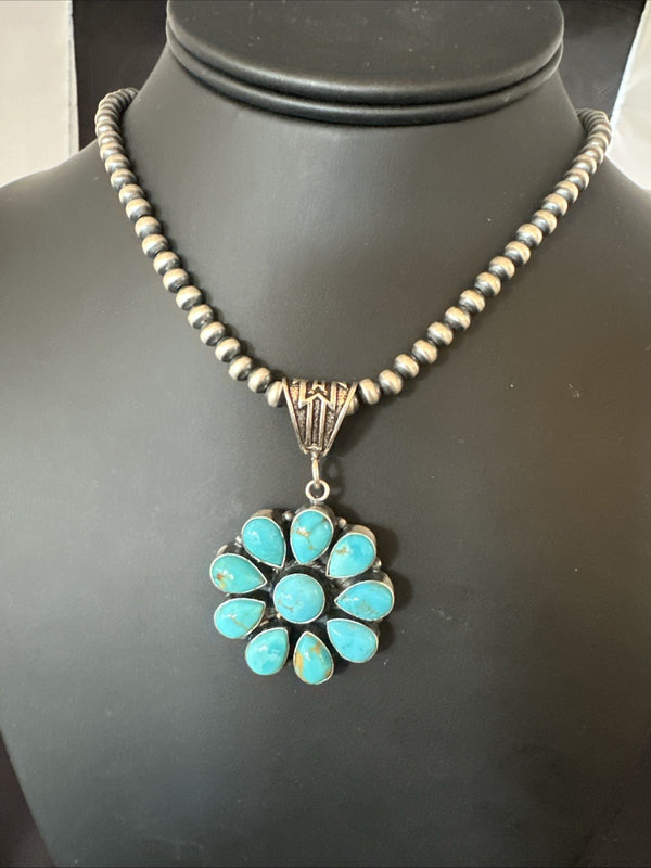 Blue Turquoise Navajo Cluster Round Pendant Necklace 2" | Sterling Silver | Authentic Native American Handmade | 19303