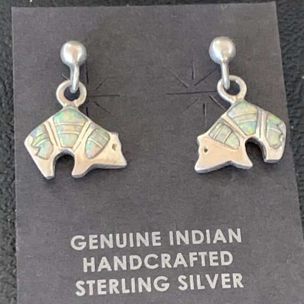 Women's White Opal Bear Inlay Navajo Dangle Post Earrings | Sterling Silver | Authentic Native American Handmade | 12767