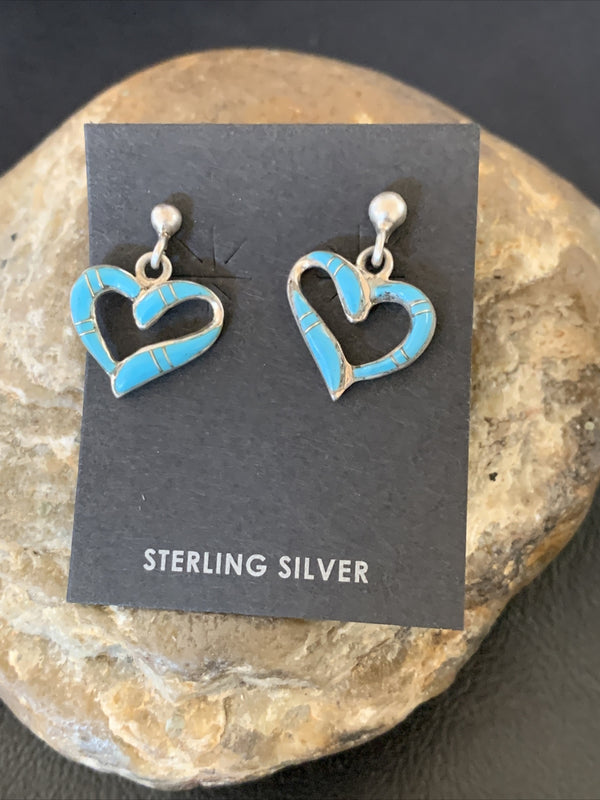 Blue Turquoise Heart Navajo Dangle Post Earrings 0.5" | Sterling Silver | Authentic Native American Handmade | 12714