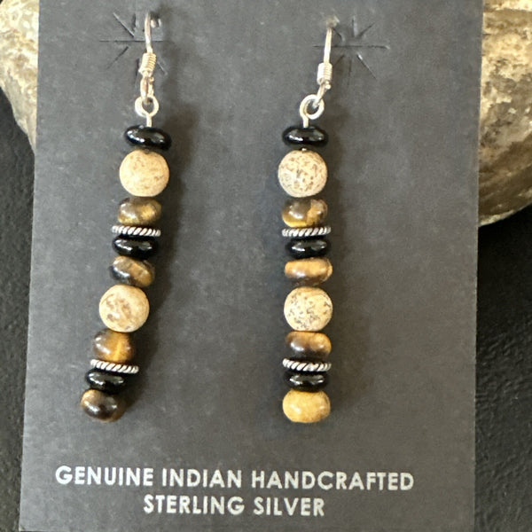 Navajo Tigers Eye Picture Jasper Onyx Dangle Earrings | Sterling Silver | Authentic Native American Handmade | 18721