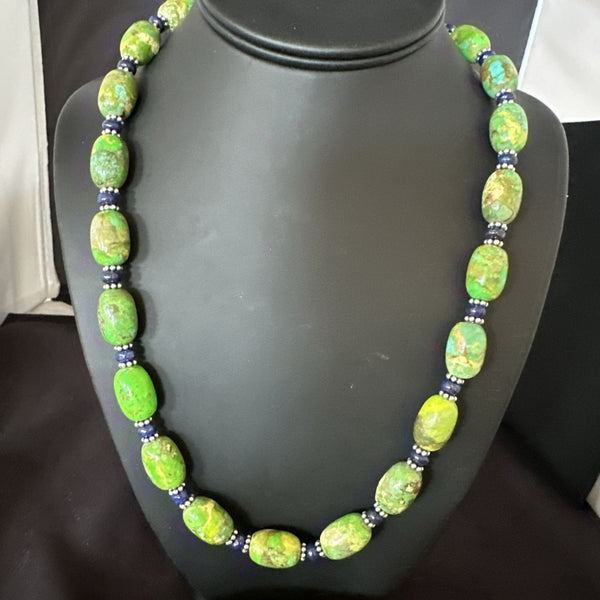 Green Turquoise Lapis Nugget Southwestern Necklace 22" | Sterling Silver | Authentic Native American Handmade | 19249