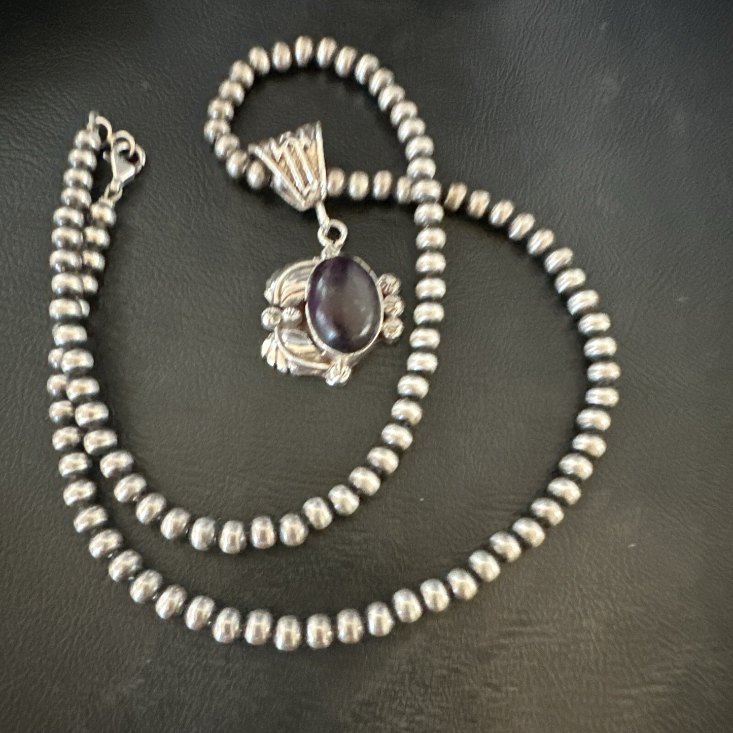 Purple Stone Pendant Navajo Pearls Sterling Silver Necklace 20” 18046