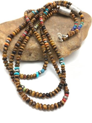 Navajo Tiger's Eye Turquoise 3 Strand Necklace 26" | Sterling Silver | Authentic Native American Handmade | 4174