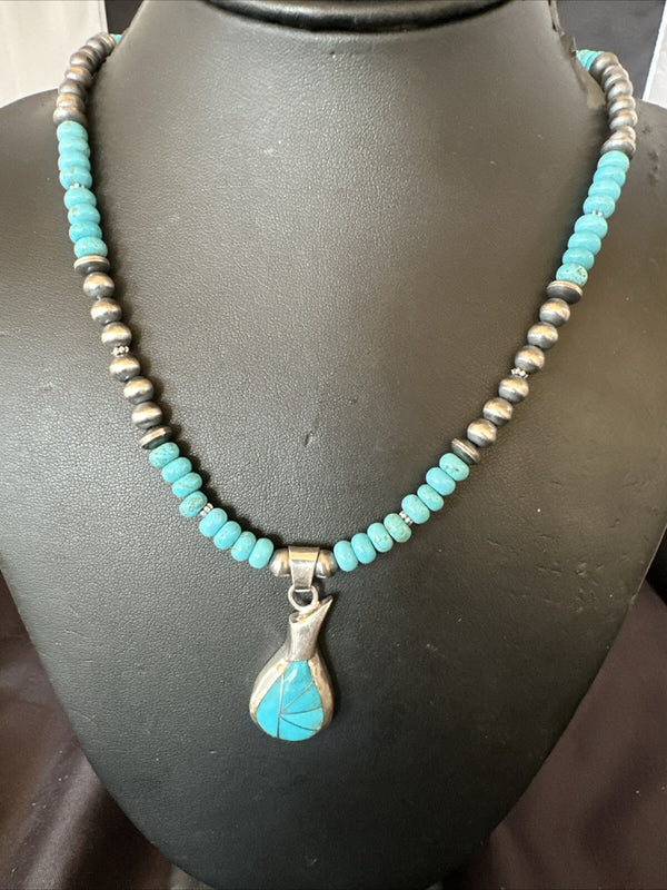 Pottery Blue Kingman Turquoise Pendant Navajo Necklace 21" | Sterling Silver | Authentic Native American Handmade | 18378