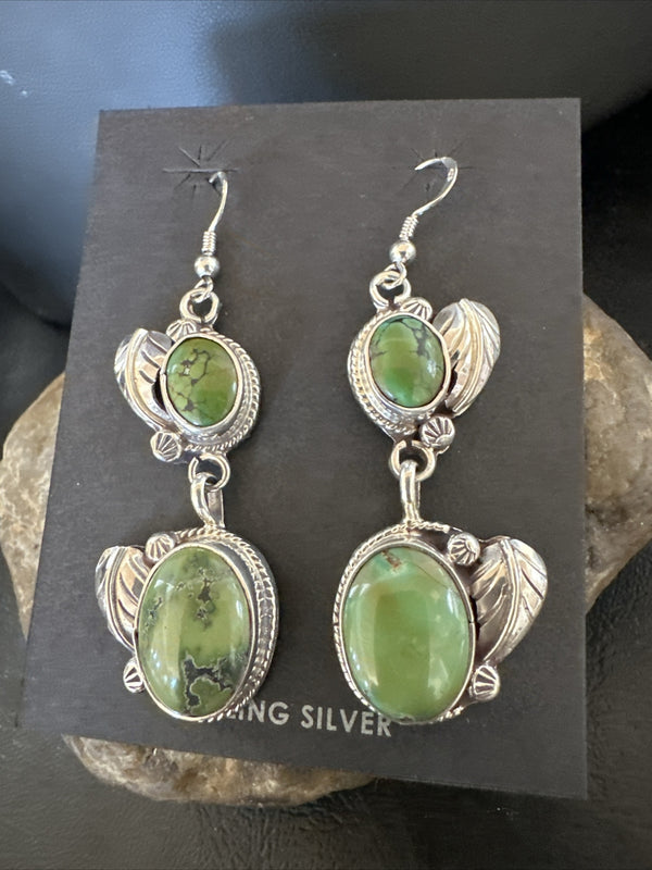 Navajo Green Turquoise Dangle Earrings 2" | Sterling Silver | Authentic Native American Handmade | 17699