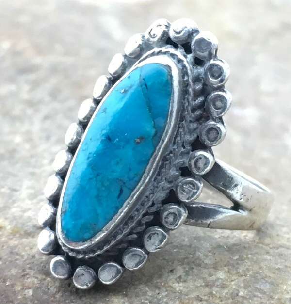 Blue Turquoise Navajo Old Pawn Children's Ring Size 3.75 | Sterling Silver | Authentic Native American Handmade | 04410