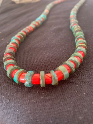 Turquoise & Coral Heishi Bead Navajo Sterling Silver Necklace 21” 04757