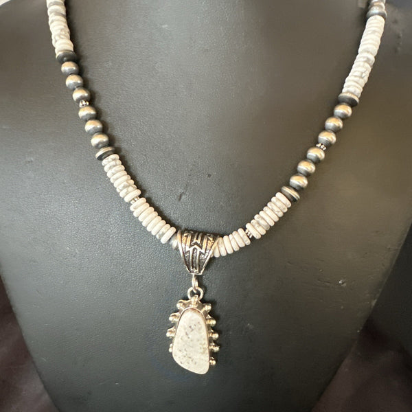White Buffalo Turquoise Pendant Navajo Pearls Necklace 22" | Sterling Silver | Authentic Native American Handmade | 18259