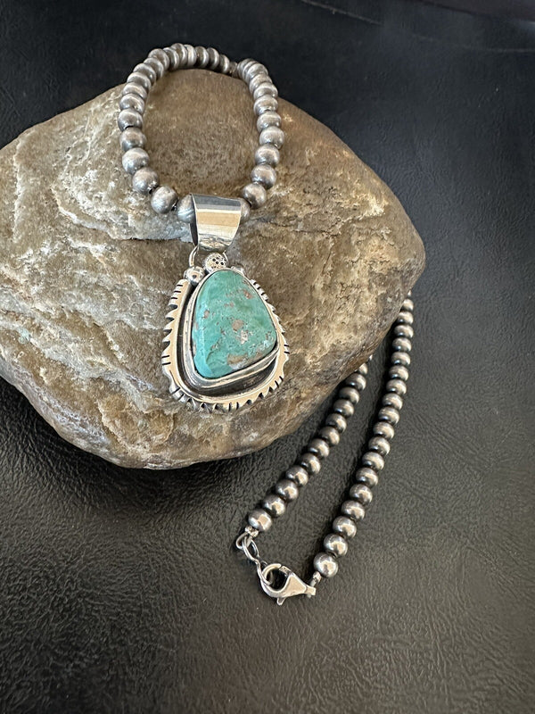 Men's Women Navajo Green Royston Turquoise Necklace Pendant | Sterling Silver | Authentic Native American Handmade | 18313