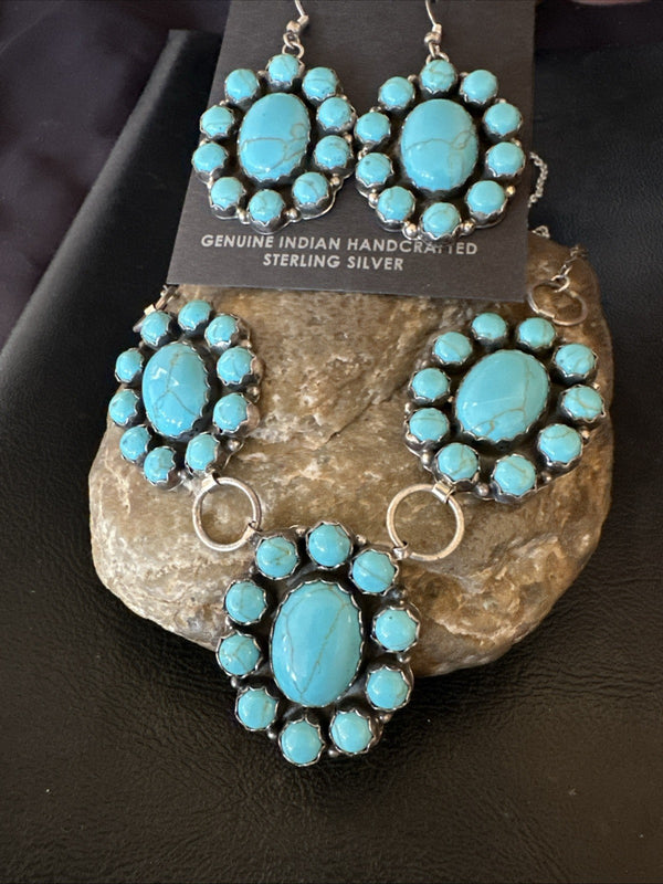 Cluster Lariat Blue Kingman Turquoise Earrings Necklace Pendant Navajo 23" | Authentic Native American Handmade | 19112