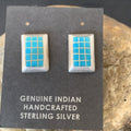 Blue Turquoise Inlay Navajo Dangle Post Earrings 0.5" | Sterling Silver | Authentic Native American Handmade | 12749