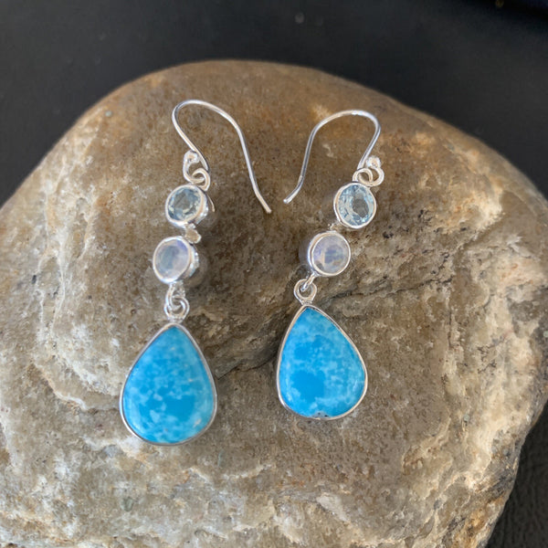 Blue Kingman Turquoise Topaz Navajo Dangle Earrings | Sterling Silver | Authentic Native American Handmade | 11590