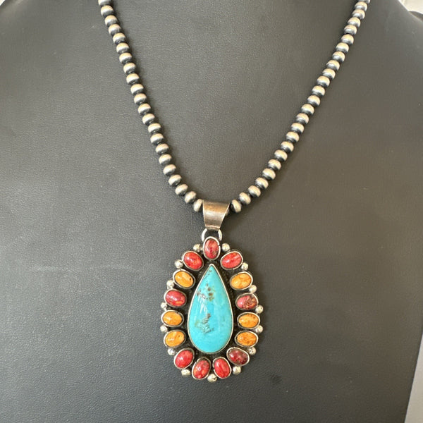 Multicolor Turquoise Spiny Navajo Cluster Pendant Necklace | Sterling Silver | Authentic Native American Handmade | 19560