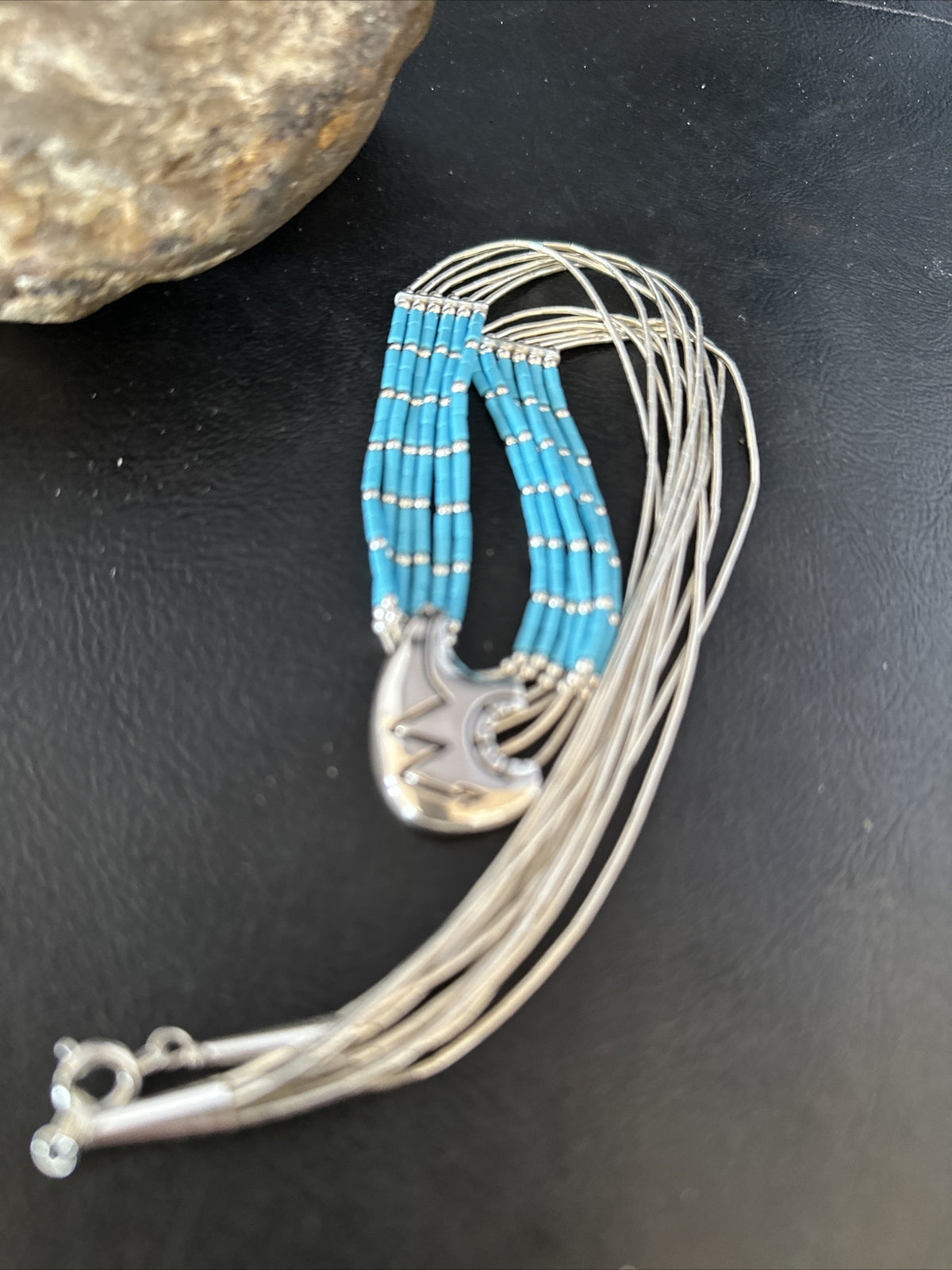 Bear Pendant Turquoise 5 Strand Heishi Liquid Sterling Silver Necklace 14822
