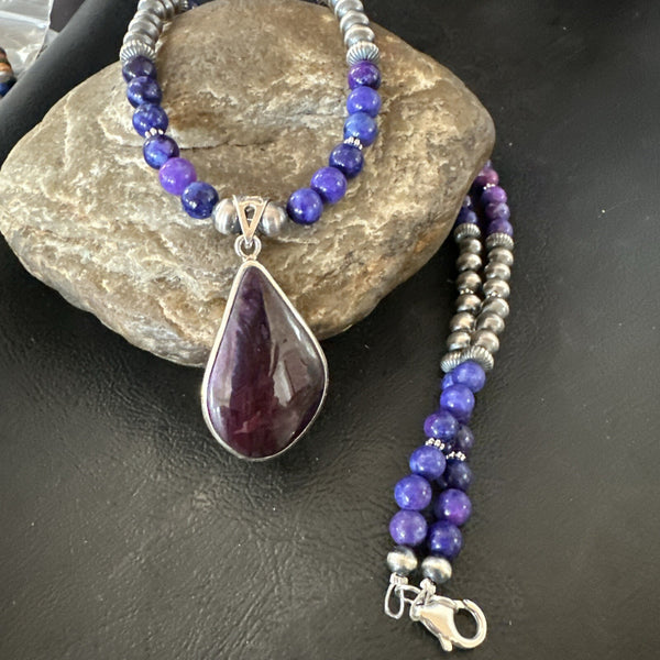 Purple Stone Pendant Navajo Pearls Necklace 23" | Sterling Silver | Authentic Native American Handmade | 17891
